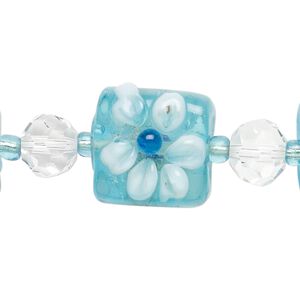 Bead, lampworked glass, turquoise blue / clear / white, 8mm faceted round and 17mm double-sided flat square with raised flower. Sold per 7-inch strand.