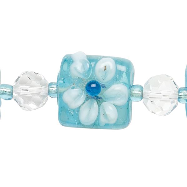 Bead, lampworked glass, turquoise blue / clear / white, 8mm faceted round and 17mm double-sided flat square with raised flower. Sold per 7-inch strand. image number 0