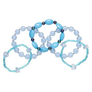Bracelet, stretch, acrylic / elastic / ribbon, blue and rainbow blue, 7 to 7-1/2 inches. Sold per 5-piece set.