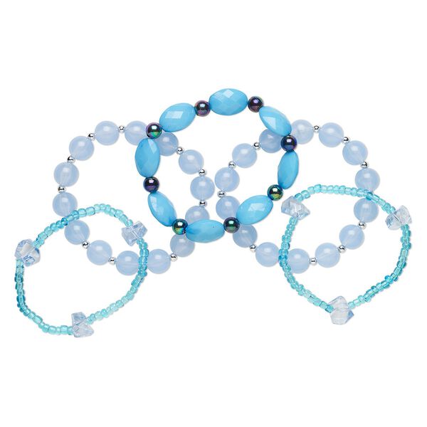Bracelet, stretch, acrylic / elastic / ribbon, blue and rainbow blue, 7 to 7-1/2 inches. Sold per 5-piece set. image number 0