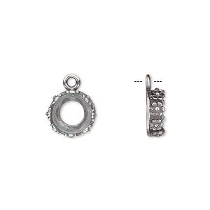 Drop, JBB Findings, antique silver-plated brass, 10mm round with open back and flower design trim, 8mm round bezel setting. Sold per pkg of 2.
