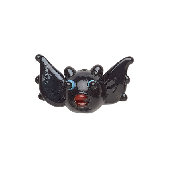Bead, lampworked glass, opaque black / red / blue, 25x13mm bat. Sold individually. image number 0