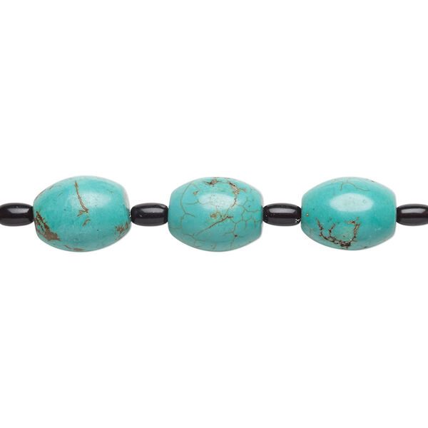 Bead mix, "turquoise" (imitation) resin and glass, dark teal and black, 6x4mm and 15x12mm barrel. Sold per pkg of 7. image number 0