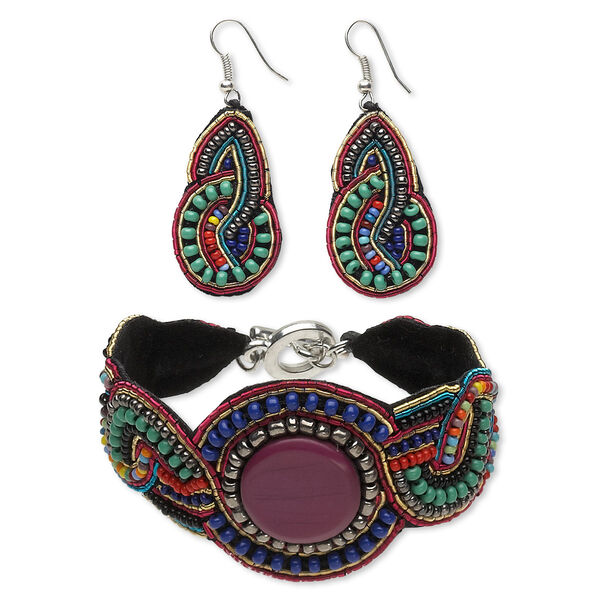 Bracelet and earring, velveteen / glass / acrylic / copper / resin / silver-coated plastic / silver-finished steel, multicolored, 38mm wide, 7-inch bracelet with toggle clasp, 1-1/2 inch earrings with fishhook ear wire. Sold per set. image number 0