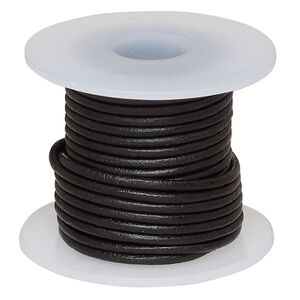 Cord, leather (dyed), black, 1.4-1.6mm round. Sold per 5-yard spool.