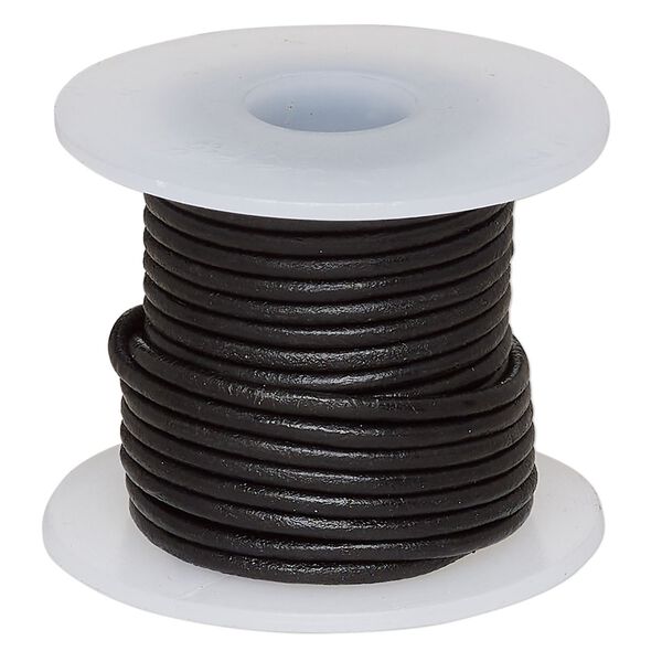 Cord, leather (dyed), black, 1.4-1.6mm round. Sold per 5-yard spool. image number 0