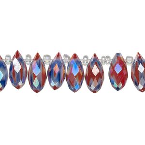 Bead, millefiori glass, marbled red and blue AB, 12x6mm top-drilled faceted teardrop. Sold per 6-inch strand, approximately 25 beads.