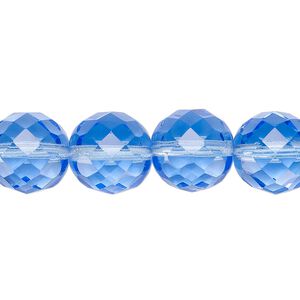 Bead, Czech fire-polished glass, pkg/15-1/2 to 16 inches, 12mm faceted round, transparent sapphire blue, (30030).