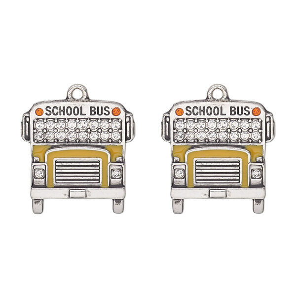 Charm, antique silver-finished "pewter" (zinc-based alloy) / enamel / glass, yellow / red-orange / clear, 23x22mm single-sided school bus. Sold per pkg of 2. image number 0