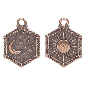 Charm, TierraCast®, "Celestial" collection, antique copper-plated pewter (tin-based alloy), 24.5x21.5mm 2-sided hexagon with sun and moon design. Sold per pkg of 10.