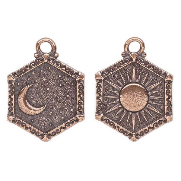 Charm, TierraCast®, "Celestial" collection, antique copper-plated pewter (tin-based alloy), 24.5x21.5mm 2-sided hexagon with sun and moon design. Sold per pkg of 10. image number 0