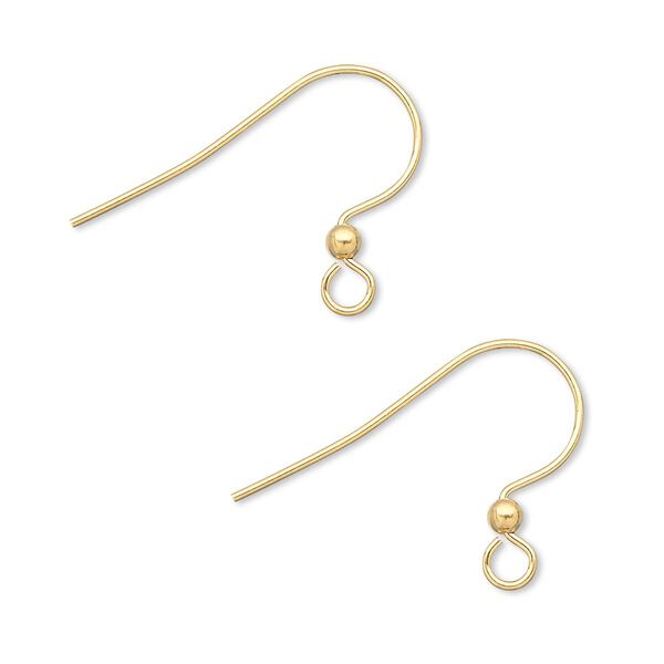 Ear wire, gold-plated brass, 17mm fishhook with 2.5mm ball and open loop, 22 gauge. Sold per pkg of 50 pairs. image number 0