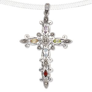 Pendant, marcasite / multi-gemstone (natural / irradiated / heated) / sterling silver, multicolored, 55x39mm cross. Sold individually.