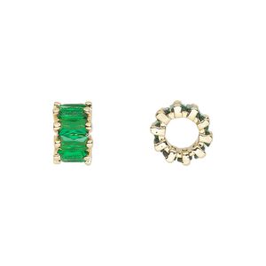Bead, cubic zirconia and gold-plated brass, emerald, 10.5x6mm rondelle. Sold per pkg of 2.
