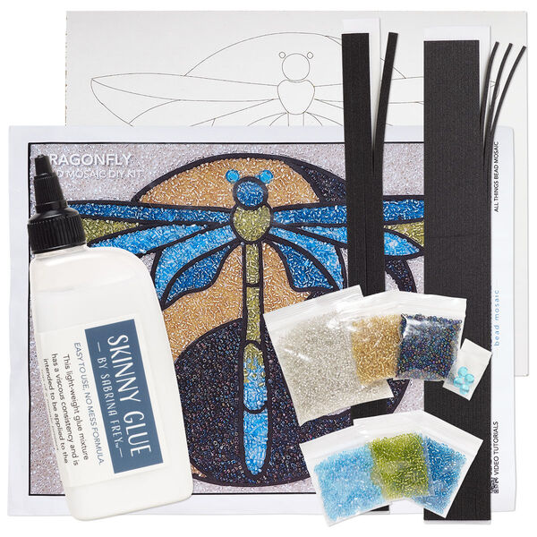 Sabrina Frey Bead Mosaic™ Starter Kit, glass / medium-density fiberboard / glue, pkg/1, multicolored, 8x10 inches with "Dragonfly" design. image number 1