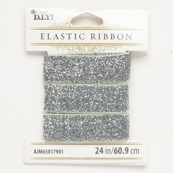 Ribbon 1pkg1 elastic, silver, 15-16mm textured flat, 24-inch section. image number 0