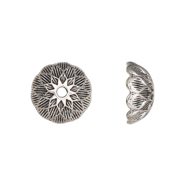 Bead cap, antiqued silver-finished "pewter" (zinc-based alloy), 14x7mm round, fits 14-15mm beads. Sold per pkg of 10. image number 0