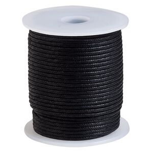 Cord, waxed cotton, black, 2mm, 50+ pound test. Sold per 25-meter spool.