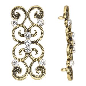 Spacer, antique gold-finished "pewter" (zinc-based alloy) and Czech glass rhinestone, clear, 37x16mm 2-strand fancy rectangle. Sold per pkg of 4.