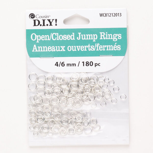 Jump ring mix, steel, pkg/180, silver finish, 4mm and 6mm closed and open round, 17- and 21-gauge, 2.5-4.7mm inside diameter. image number 0