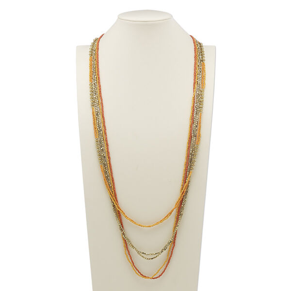 Necklace, glass and gold-finished steel, light orange and dark orange, 42 inches with 2-inch extender chain and lobster claw clasp. Sold individually. image number 0