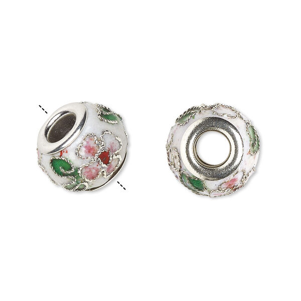 Bead, Dione®, cloisonné, enamel and silver-plated brass grommets, white / pink / green, 14x10mm rondelle with flower and leaves design. Sold per pkg of 4. image number 0