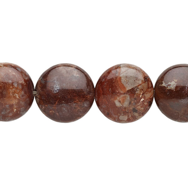 Bead, pomegranate jasper (natural), 14mm puffed flat round, B grade, Mohs hardness 6-1/2 to 7. Sold per 8-inch strand, approximately 15 beads. image number 0