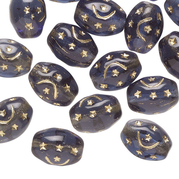 Bead, Preciosa, Czech pressed glass, translucent Montana blue, 12x9mm barrel with gold painted moon and stars. Sold per pkg of 16. image number 0