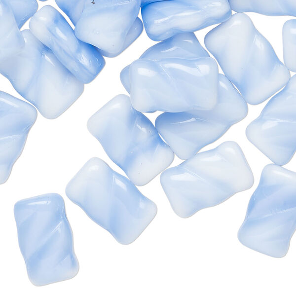Bead, Czech pressed glass, opaque light blue and white, 13x8mm-13x9mm twisted puffed rectangle. Sold per 2-ounce pkg, approximately 65 beads. image number 0