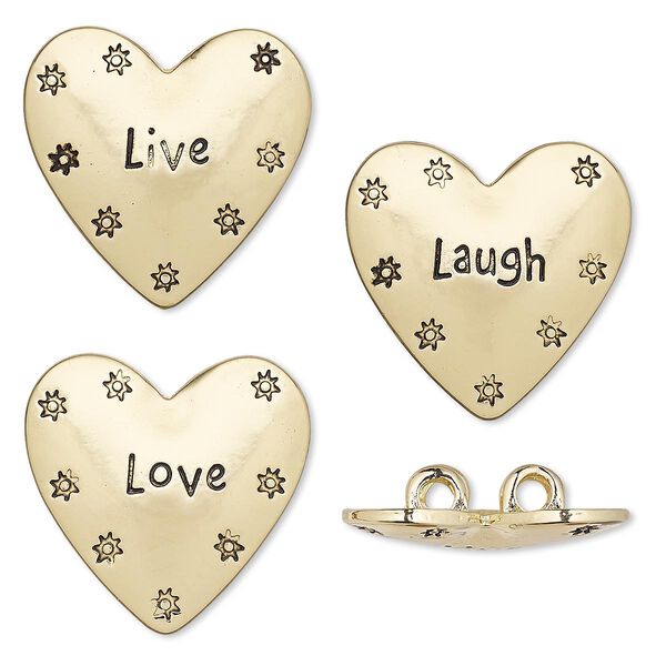 Spacer, gold-finished "pewter" (zinc-based alloy), 25x24mm 2-strand affirmation heart with flower / "Live" / "Laugh" / "Love" designs and hidden loops, fits up to 6mm bead. Sold per 3-piece set. image number 0
