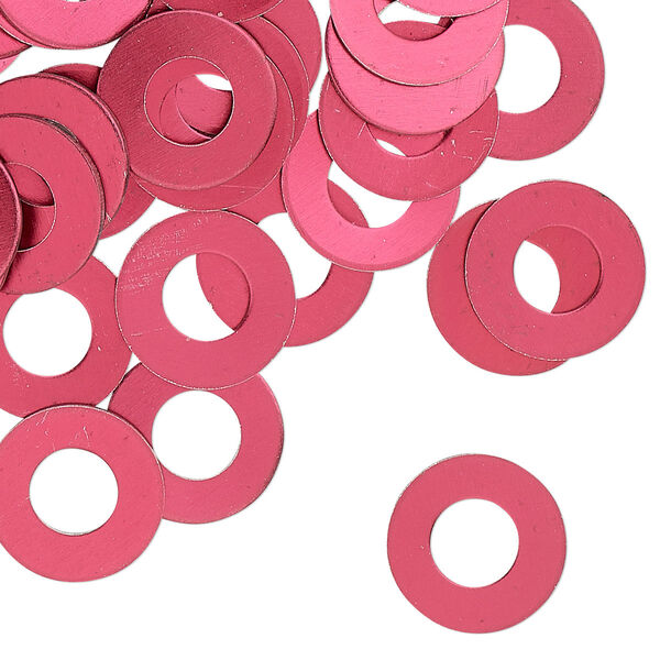 Washer, anodized aluminum, red, 13mm double-sided flat round blank with 6mm hole, 20 gauge. Sold per pkg of 100. image number 0