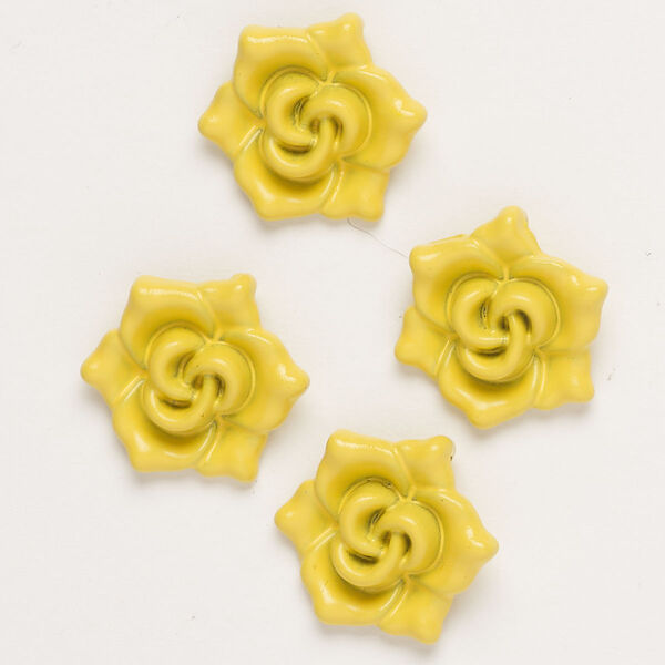 Charm, "pewter" (zinc-based alloy) and enamel, yellow, 18x16mm flower with hidden loop. Sold per pkg of 4. image number 0