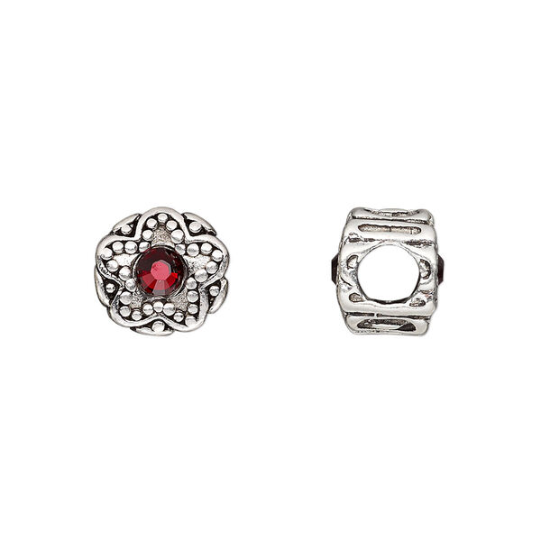 Bead, Dione®, antique silver-plated pewter (tin-based alloy) and crystal rhinestone, garnet red, 11mm double-sided round with star design. Sold individually. image number 0