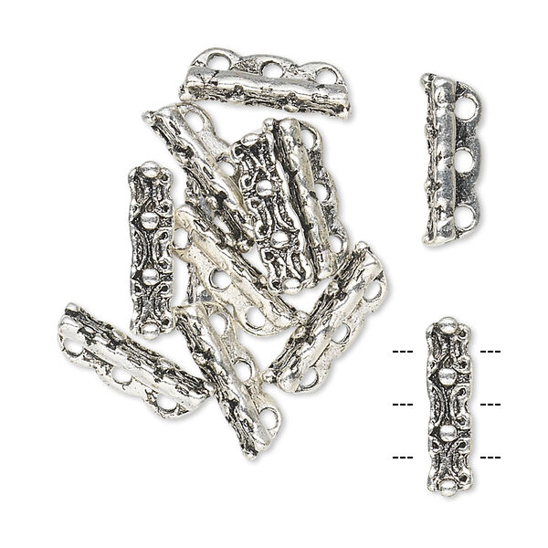 Spacer bar, antiqued "pewter" (zinc-based alloy), 14x4mm 3-strand rectangle, fits up to 4.5mm bead. Sold per pkg of 10. image number 0