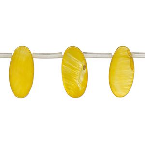 Bead, mother-of-pearl shell (dyed), golden yellow, 15x5mm-17x7mm top-drilled flat oval, Mohs hardness 3-1/2. Sold per 14-inch strand, approximately 25 beads.