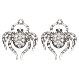 Charm, antique silver-finished "pewter" (zinc-based alloy), enamel and glass, clear and black, 28x27mm single-sided spider. Sold per pkg of 2.