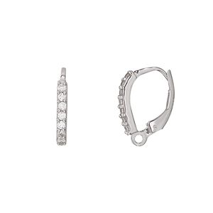 Ear wire leverback 1pkg2 sterling silver / cubic zirconia, 16mm / closed loop, clear 1 pair