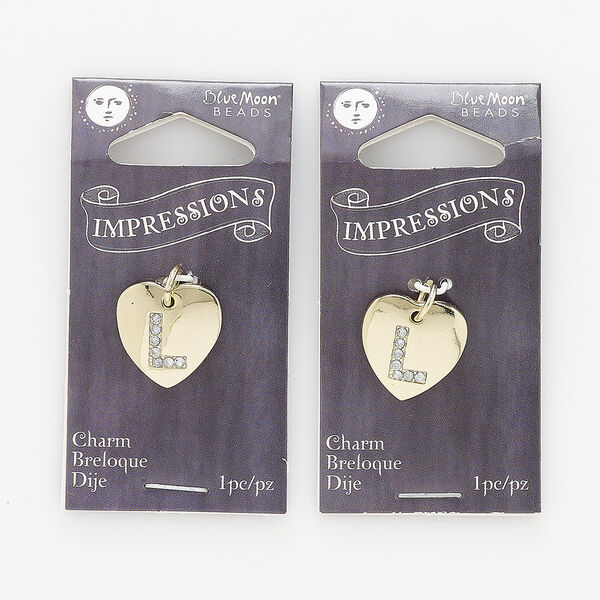 Charm, gold-finished "pewter" (zinc-based alloy) / steel / acrylic rhinestone, clear, 15.5x15mm single-sided puffed heart with letter "L." Sold per pkg of 2. image number 0