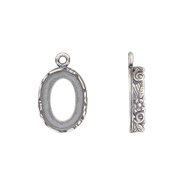 Drop, JBB Findings, antique silver-plated brass, 16x12mm oval with open back and flower and leaf design trim, 14x10mm oval bezel setting. Sold per pkg of 2. image number 0