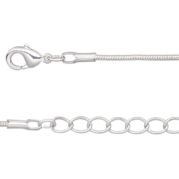 Chain, silver plate brass, 1.5mm snake, 36 inches with 1.25-inch extender chain and lobster claw clasp. Sold per pkg of 2. image number 0