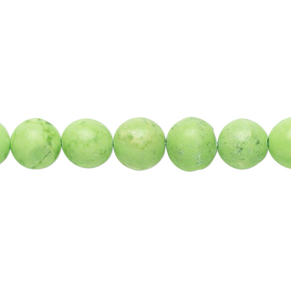 Bead, magnesite (dyed / stabilized), lime green, 8mm round, B grade, Mohs hardness 3-1/2 to 4. Sold per 15-1/2" to 16" strand. image number 0