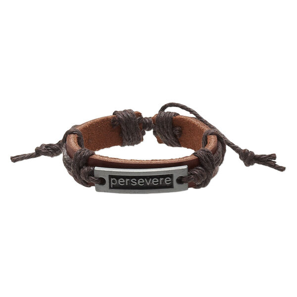 Bracelet, leather (dyed) / waxed cotton cord / antiqued "pewter" (zinc-based alloy), brown, 12mm wide with 35x10mm rectangle with "persevere," adjustable from 5-1/2 to 7-1/2 inches with knot closure. Sold per pkg of 2. image number 0
