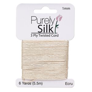 Cord, Purely Silk™, 3-ply, ecru, 1mm twisted. Sold per 6-yard card.