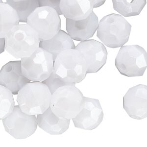 Bead, acrylic, opaque white pearl, 10mm faceted round. Sold per 100-gram pkg