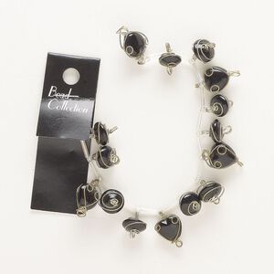 Link mix, antique gold-finished brass and glass, black, 13mm wire-wrapped heart and 11x6mm wire-wrapped saucer. Sold per pkg of 15.