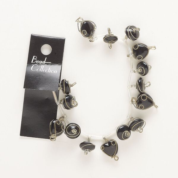Link mix, antique gold-finished brass and glass, black, 13mm wire-wrapped heart and 11x6mm wire-wrapped saucer. Sold per pkg of 15. image number 0
