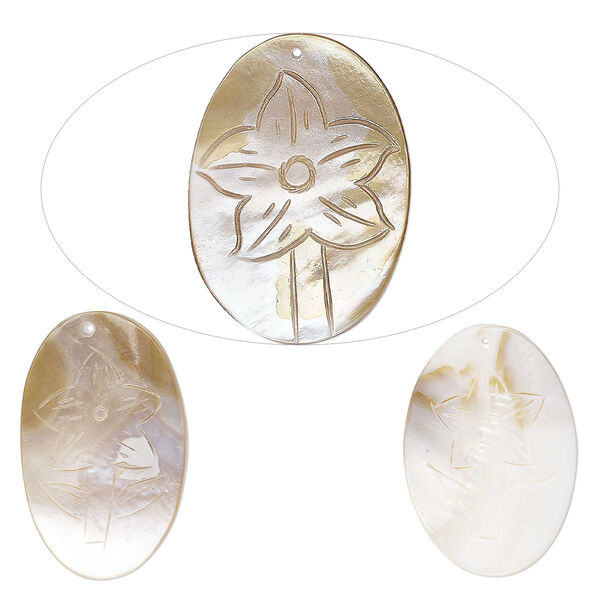 Focal, mother-of-pearl shell (natural/bleached), 42x30mm-54x34mm hand-carved oval with flower design, Mohs hardness 3-1/2. Sold per pkg of 3. image number 0