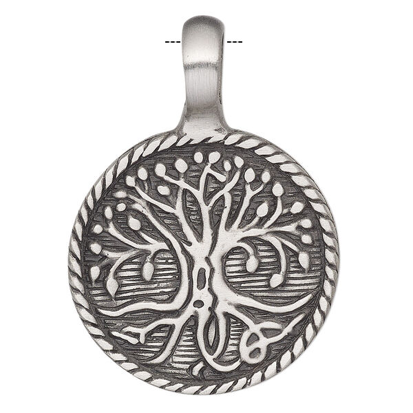 Pendant, Powerful Pewter Pendants, antiqued pewter (tin-based alloy), 41x29mm single-sided round with tree of life design and 6mm hole. Sold individually. image number 0