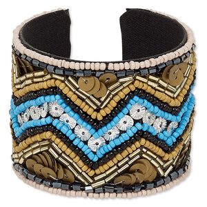Bracelet, cuff, acrylic / cotton / glass / plastic sequin / steel, multicolored, 52mm wide with zigzag design, adjustable from 6-1/2 to 7 inches. Sold individually.