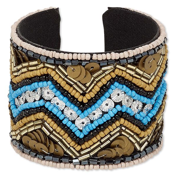 Bracelet, cuff, acrylic / cotton / glass / plastic sequin / steel, multicolored, 52mm wide with zigzag design, adjustable from 6-1/2 to 7 inches. Sold individually. image number 0